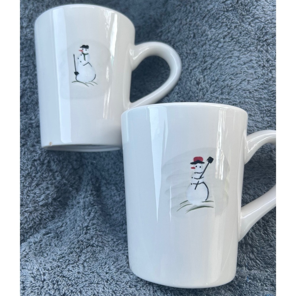 Williams Sonoma Snowman Coffee Mugs Set of 2 White Ceramic Winter Holiday